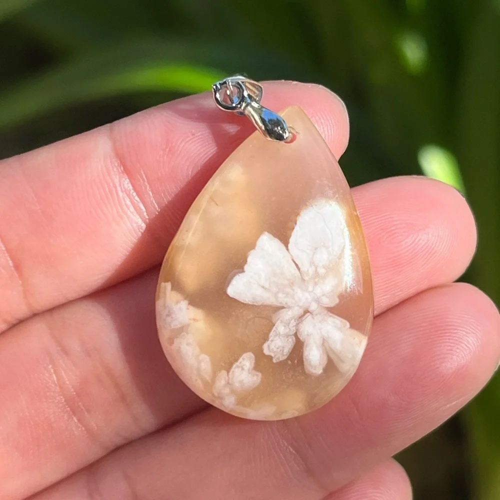 Sterling‎ silver pink butterfly patterm flower agate pendant 0966